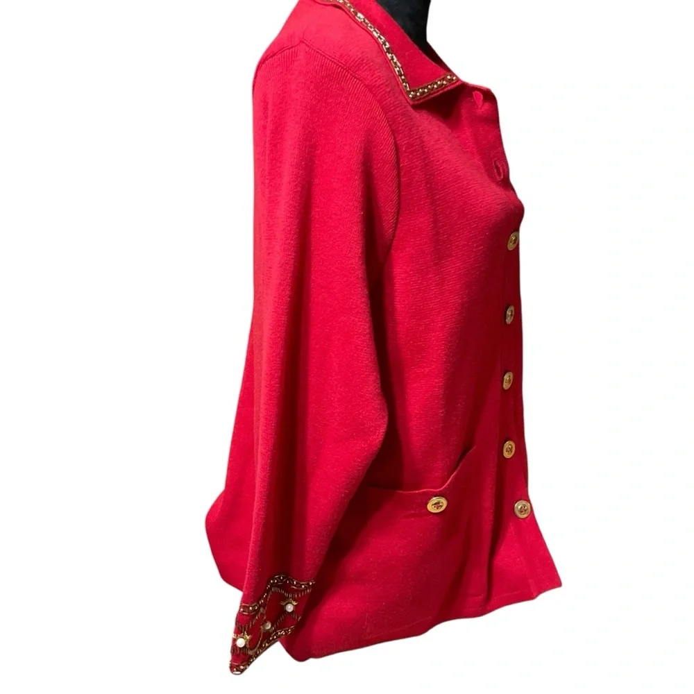 Carol Patterson Knits Women’s Embellished Linen Blend Red. Vintage Cardigan. MED